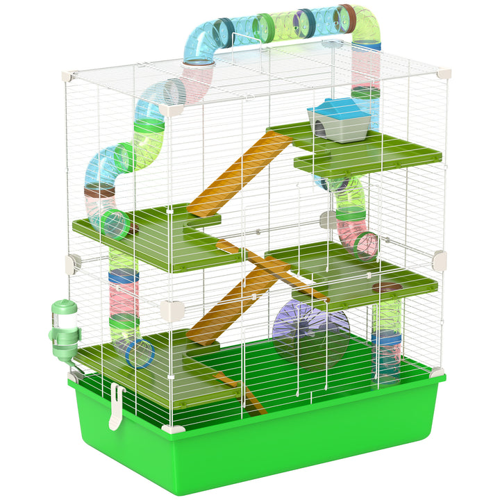 PawHut Hamster Cage w/ Water Bottle, Exercise Wheel, Tubes, Ramps - Green | Aosom UK