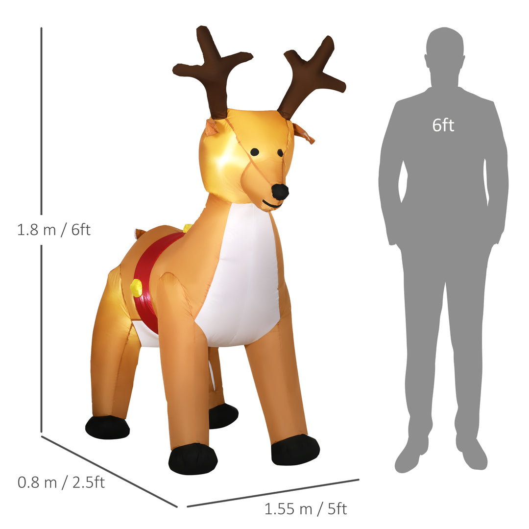 HOMCOM 1.8m Christmas Inflatable Reindeer with LED Lights Xmas Deer Decoration Blow Up Decor for Holiday Outdoor