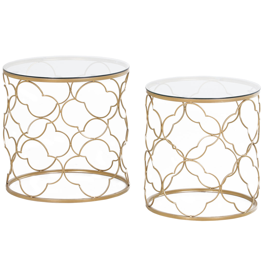 Nesting Tables Set of 2, Modern Stacking Side End Table with Tempered Glass Top, Metal Frame for Living Room Bedroom Office, Gold Tone
