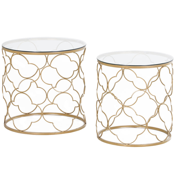 Nesting Tables Set of 2, Modern Stacking Side End Table with Tempered Glass Top, Metal Frame for Living Room Bedroom Office, Gold Tone