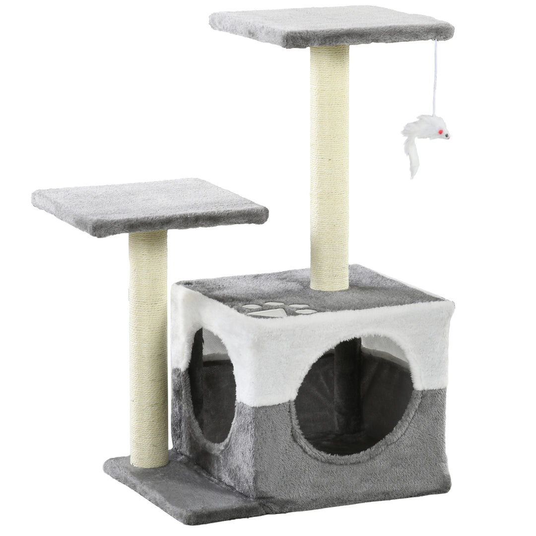 Cat Tree w/ Sisal Scratching Posts, House, Perches, Toy Mouse, Grey