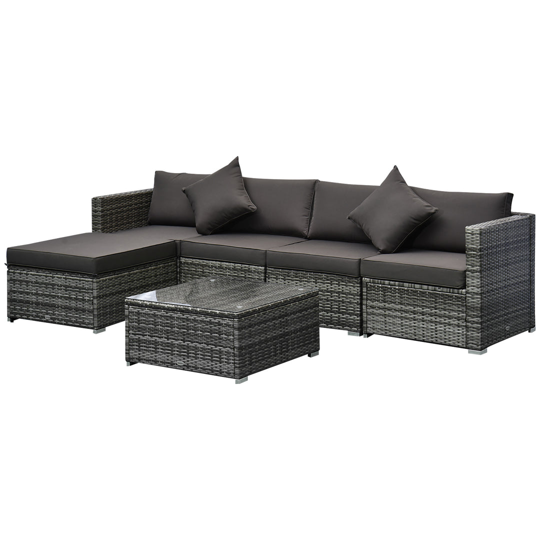 6 Pieces Rattan Garden Furniture Set, 5 Seater Sectional Garden Corner Sofa Set with Glass Top Coffee Table, Cushions and Pillows, All-Weather Wicker Conversation Furniture, Grey