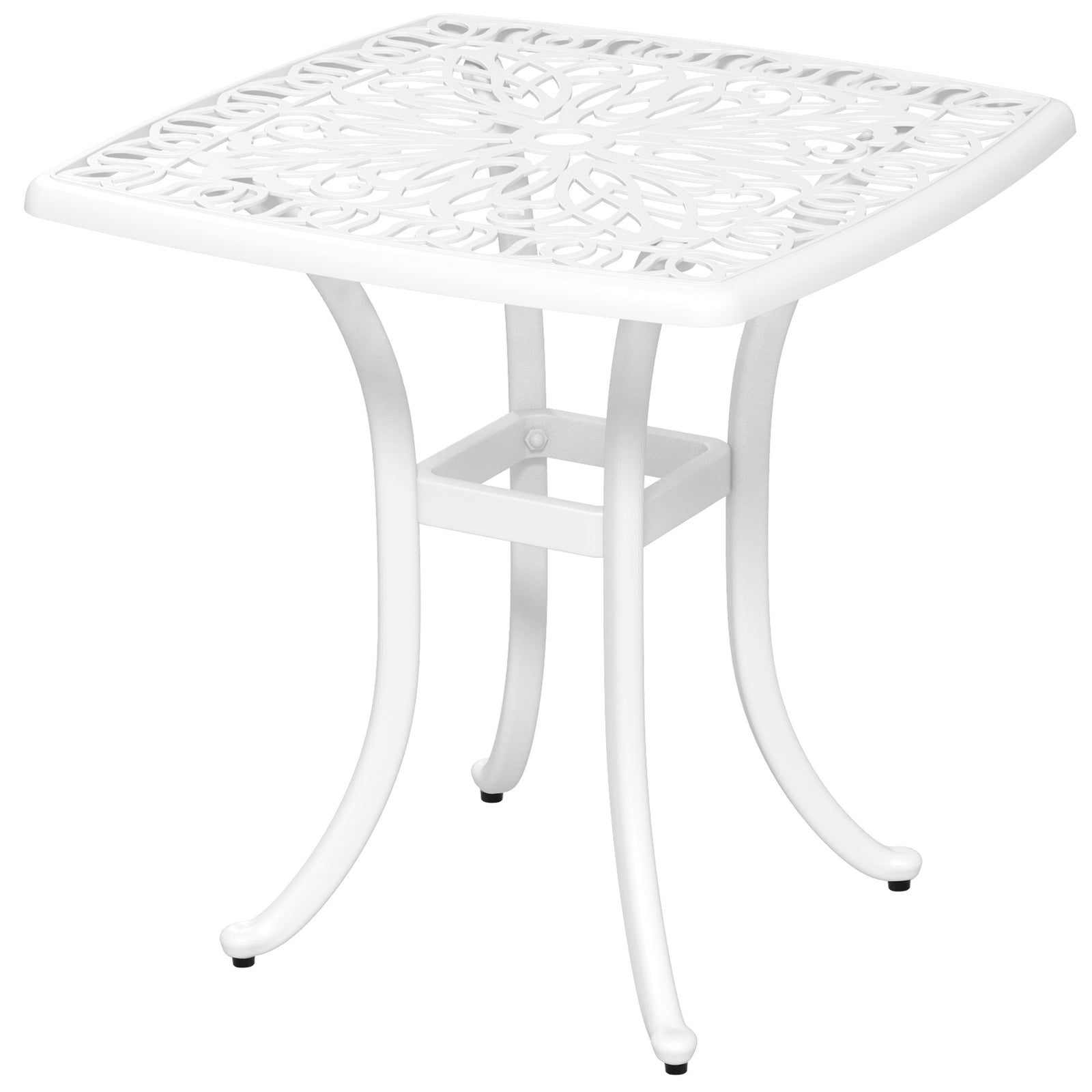 Cast Aluminium Bistro Table, Outdoor Square Side Table with Umbrella Hole, Garden Table for Balcony, White