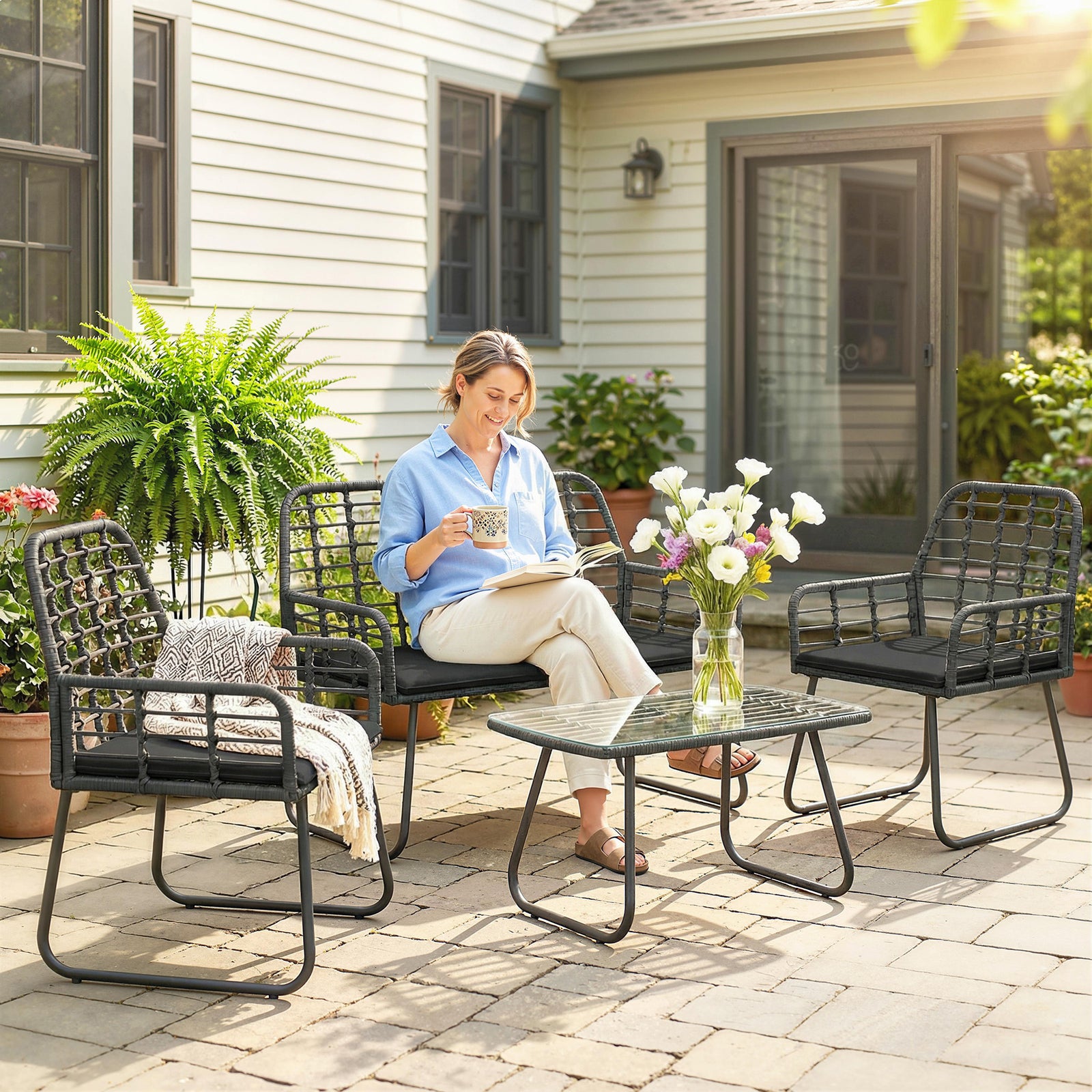 4 Piece Rattan Garden Furniture Set, Outdoor Patio Furniture with Love