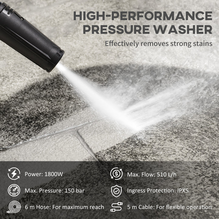 1800W High Pressure Washer, 150 Bar Pressure, 510 L/h Flow, High-Performance Portable Power Washer Jet Wash Cleaner with 6M Hose and Hose Reel for Garden, Car, Furniture, Yellow