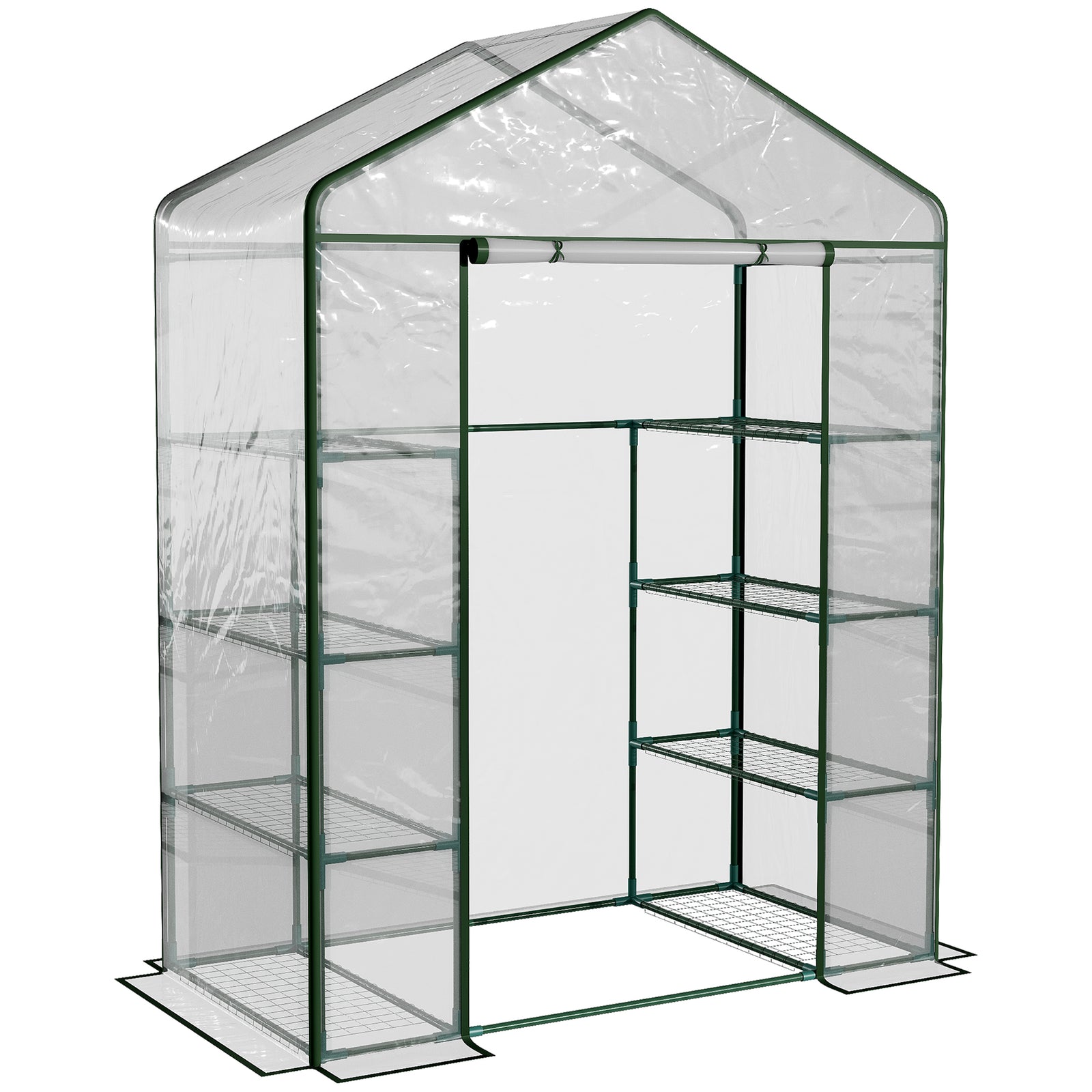 Walk in Greenhouse with 4-Tier 8 Shelves, Green House with Hemmed Cover, Roll-up Zipped Door, Steel Frame, 143 x 73 x 195cm
