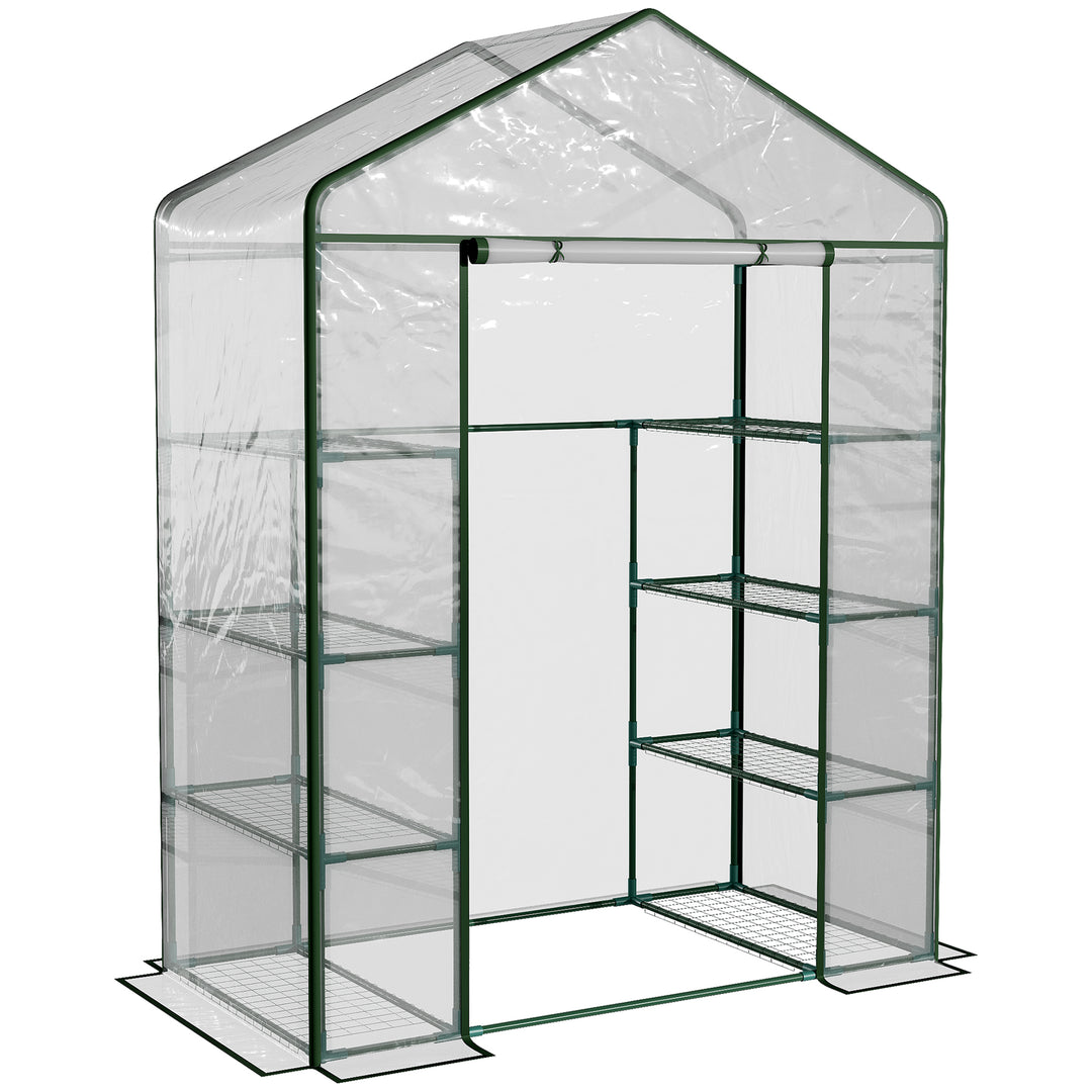MCL Walk in Greenhouse with 4-Tier 8 Shelves, Green House with Hemmed Cover, Roll-up Zipped Door, Steel Frame, 143 x 73 x 195cm