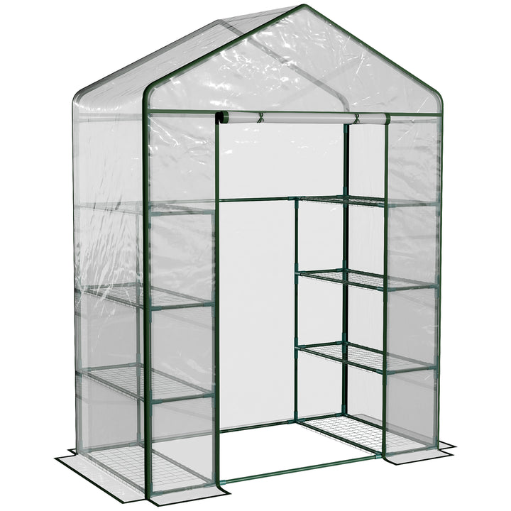 MCL Walk in Greenhouse with 4-Tier 8 Shelves, Green House with Hemmed Cover, Roll-up Zipped Door, Steel Frame, 143 x 73 x 195cm