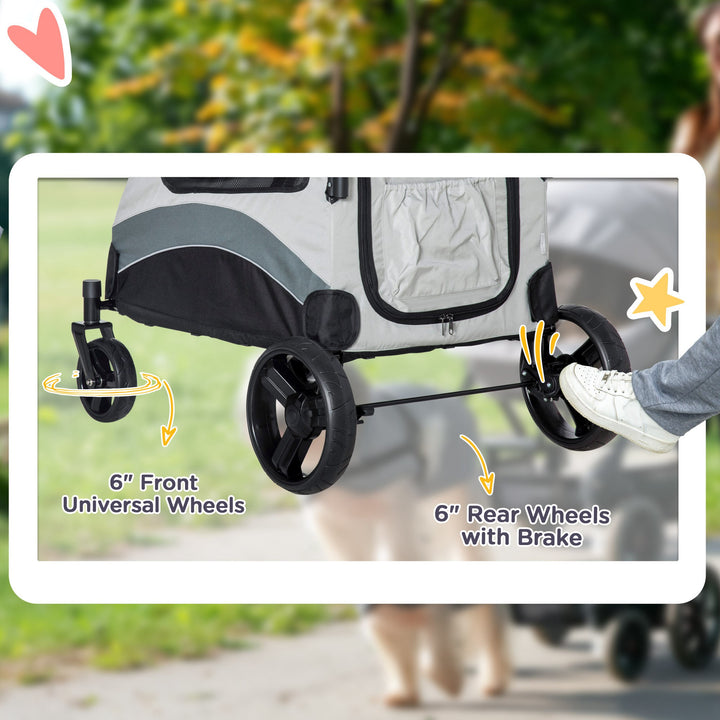 Pet Stroller for Medium Dogs Cat Pushchair Buggy Pram with 4 Wheels Safety Leash Zipper Doors Mesh Windows Storage Bag - Grey