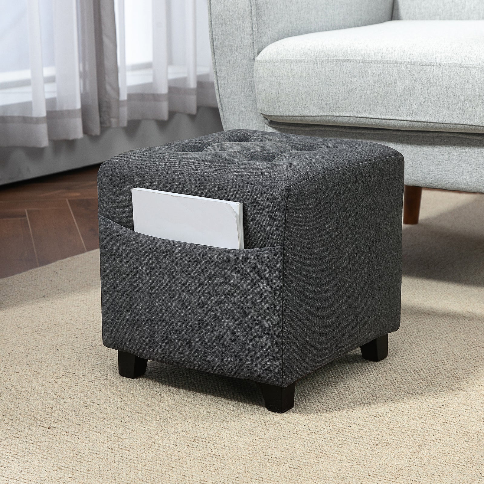 Square Footstool, Small Ottoman with Side Pocket, Linen Fabric Footrest Foot Stool with Rubber Wood Legs and Padded Seat for Living Room, Bedroom, Entryway, 35 x 35 x 35cm, Grey