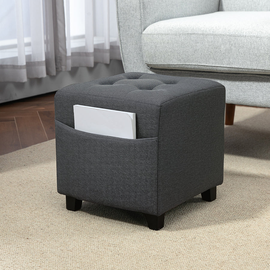 Square Footstool, Small Ottoman with Side Pocket, Linen Fabric Footrest Foot Stool with Rubber Wood Legs and Padded Seat for Living Room, Bedroom, Entryway, 35 x 35 x 35cm, Grey