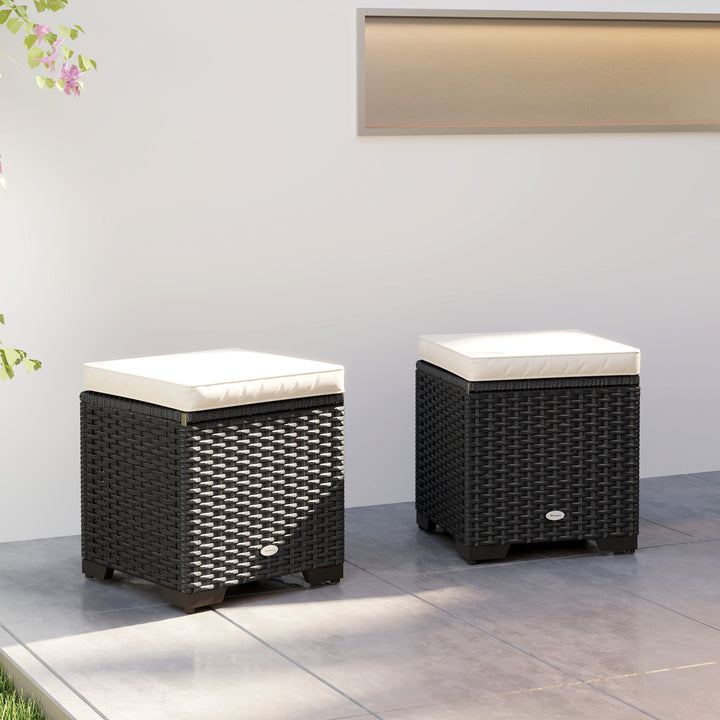 Set of 2 Rattan Storage Ottoman, Outdoor Footstool with Removable Cushions, Garden Storage Seat for Balcony, Porch, Living Room, Cream