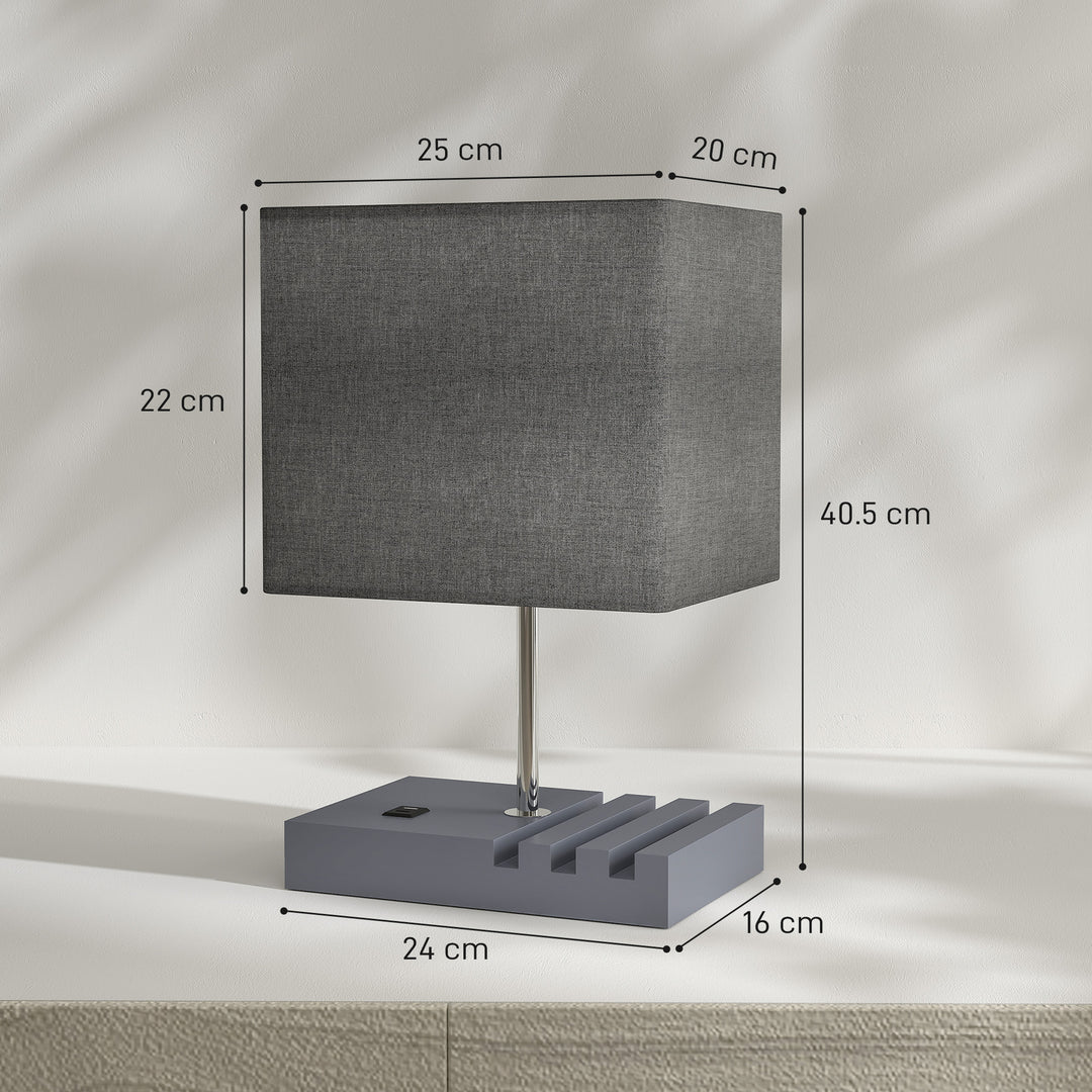 Bedside Lamp with USB A+C Charging Ports and 3 Phone Stands, Modern Table Lamp with Solid Wood Base and Fabric Shade for Bedroom Living Room Office, E27 Socket, Bulb Not Included