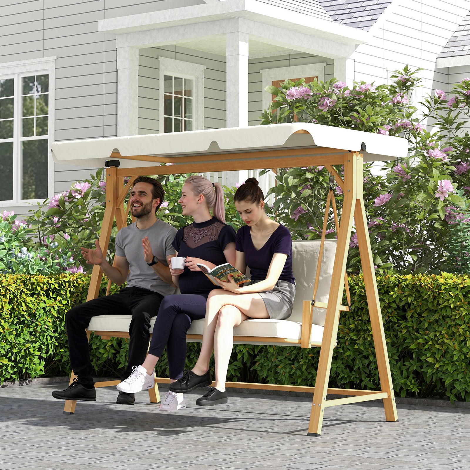 Three-Seater Garden Swing Bench, with Adjustable Canopy - Beige