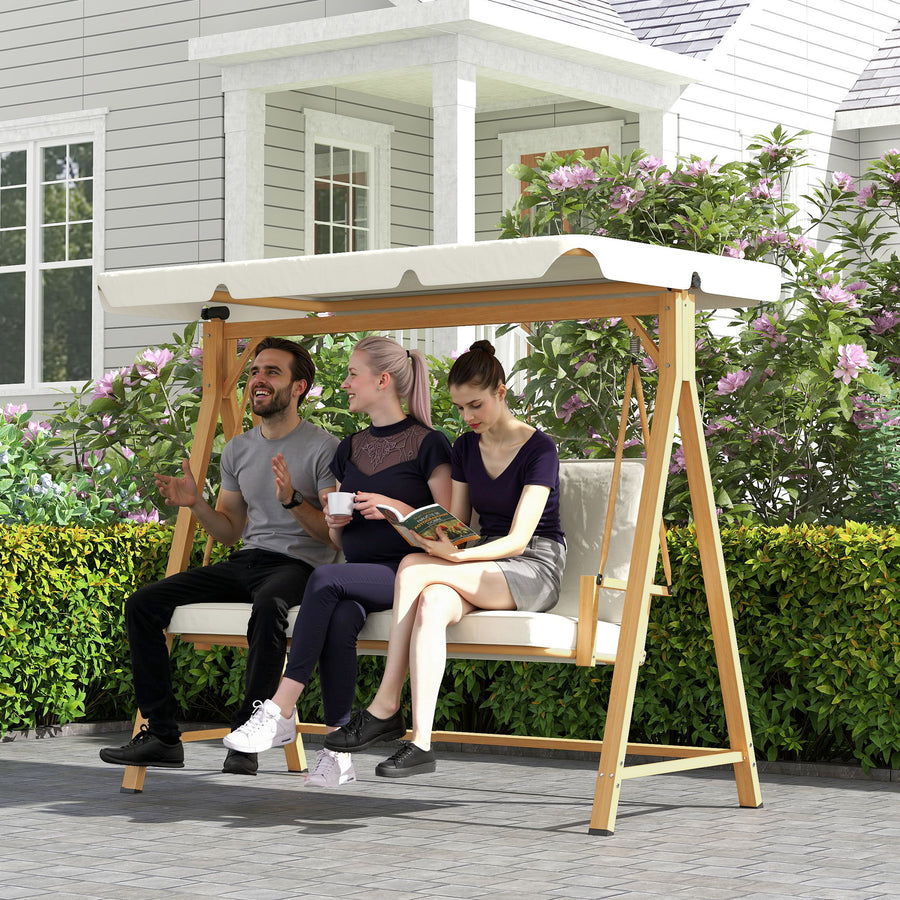 Three-Seater Garden Swing Bench, with Adjustable Canopy - Beige