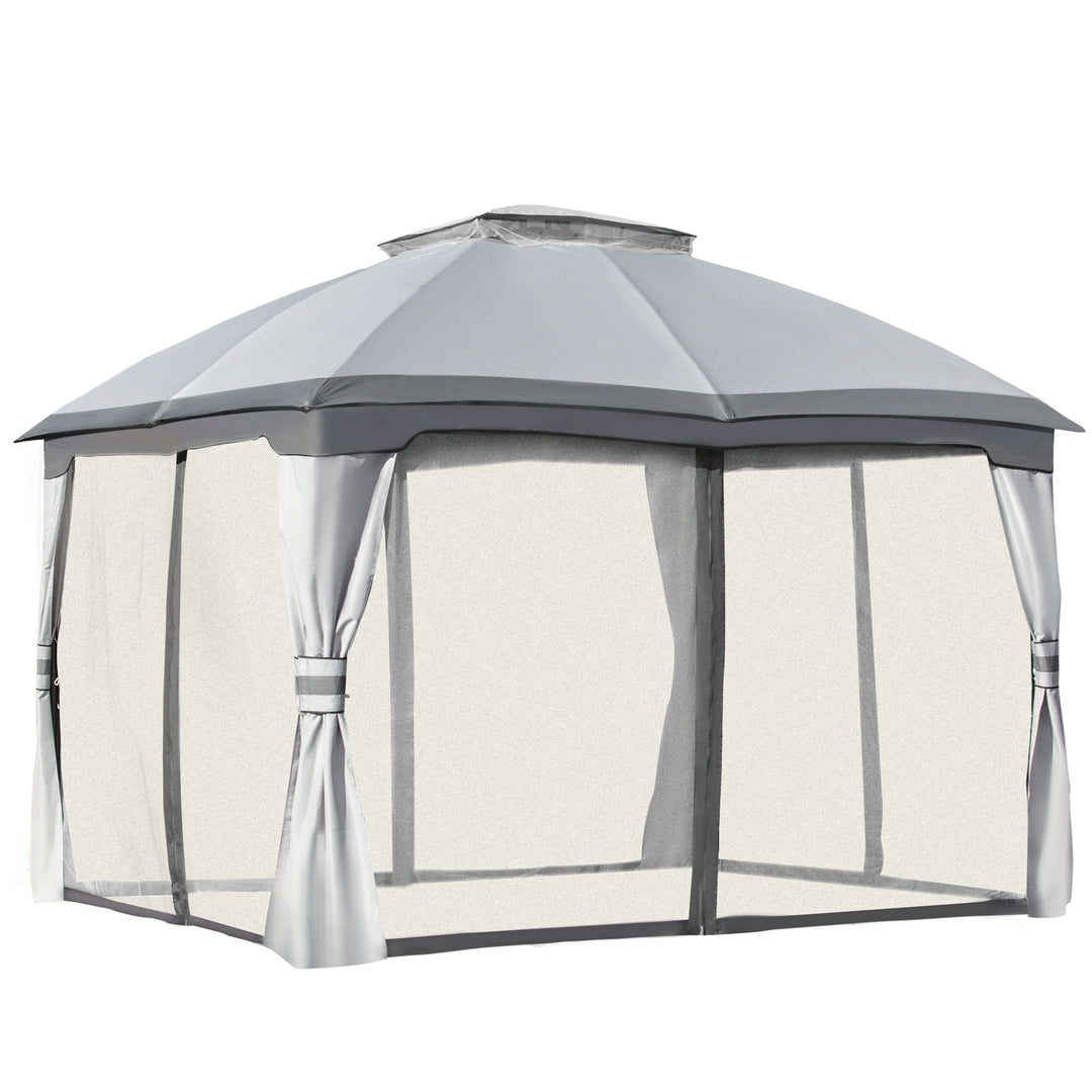 MCL 3.7 x 3(m) Metal Gazebo Canopy Party Tent Garden Patio Shelter with Netting Sidewalls & Double Tiered Roof, Grey