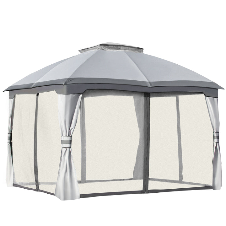 MCL 3.7 x 3(m) Metal Gazebo Canopy Party Tent Garden Patio Shelter with Netting Sidewalls & Double Tiered Roof, Grey