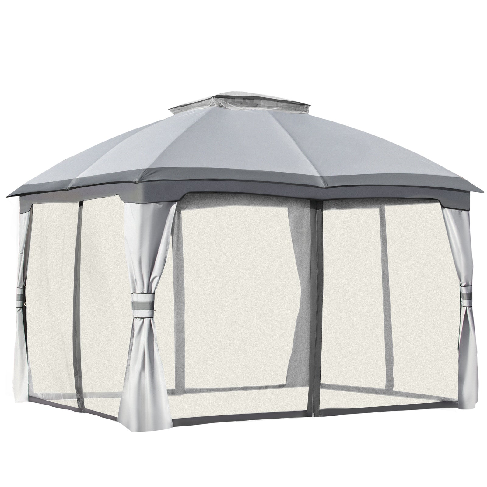 3.7 x 3(m) Metal Gazebo Canopy Party Tent Garden Patio Shelter with Netting Sidewalls & Double Tiered Roof, Grey