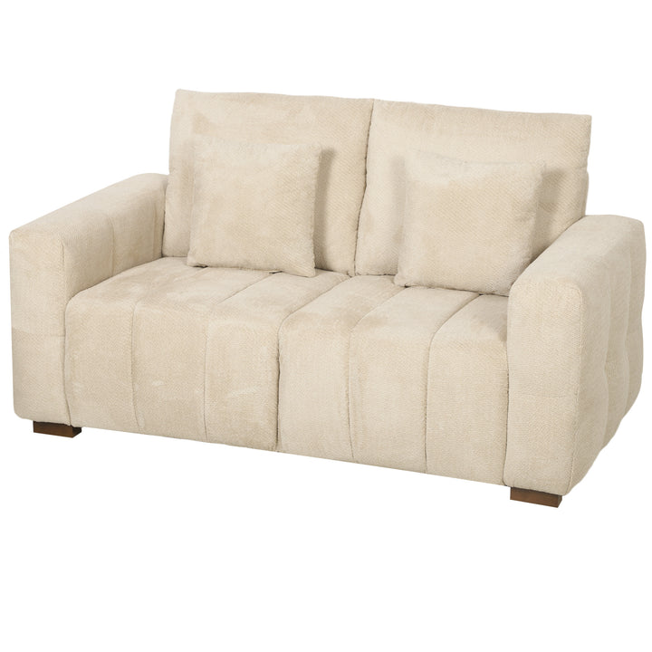 2 Seater Sofa, Upholstered Velvet Small Couch for Bedroom with Pillows - Cream