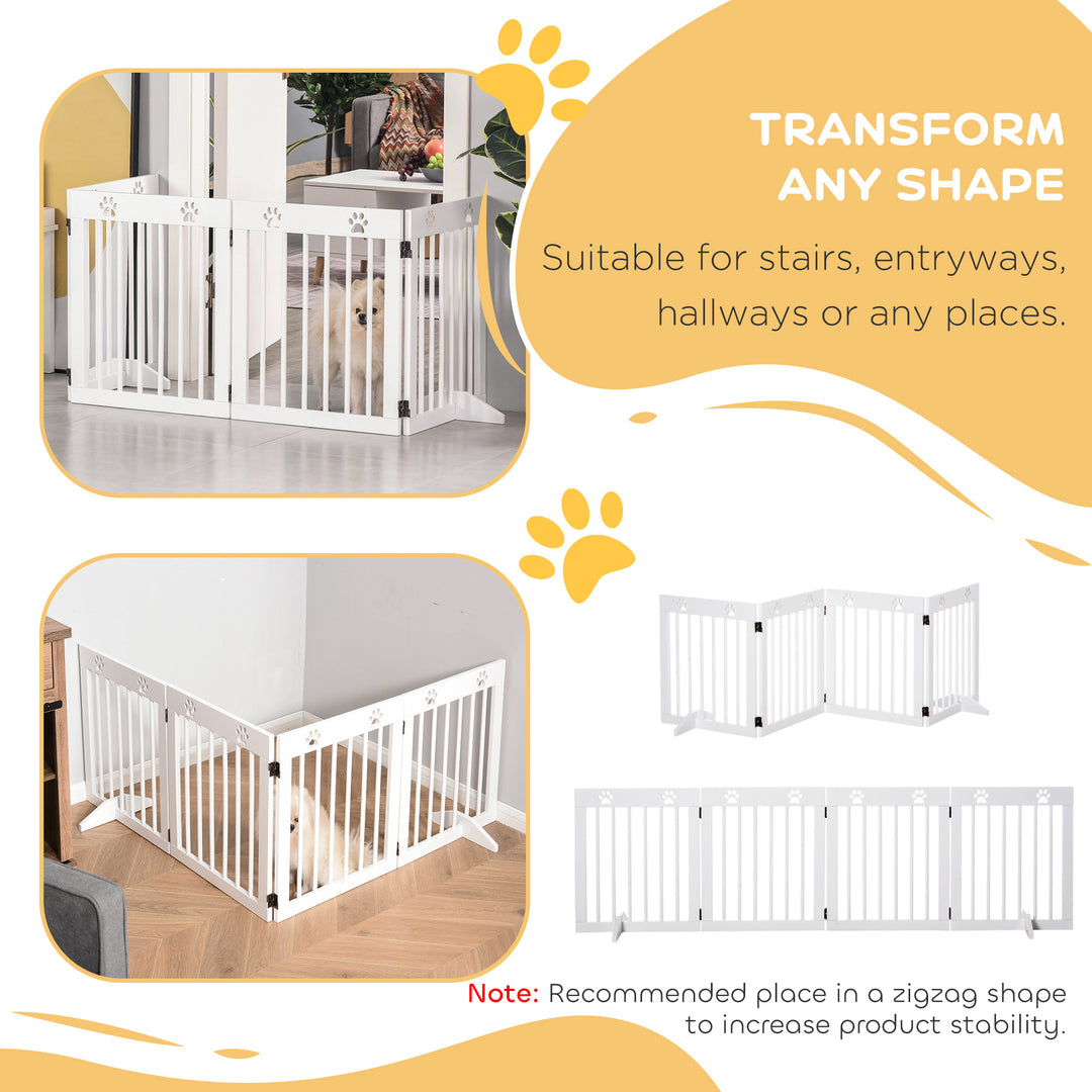 MCL Freestanding Pet Gate 4 Panel Wooden Dog Barrier Folding Safety Fence with Support Feet up to 204cm Long 61cm Tall for Doorway Stairs White