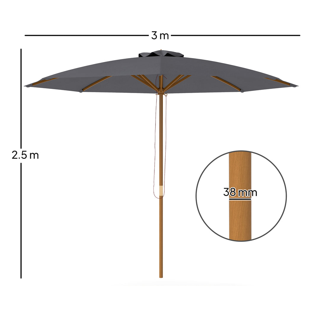 3m Wood Pole Parasol Umbrella - Grey