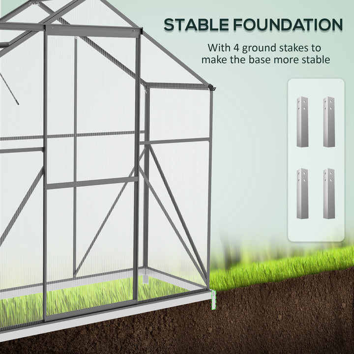 6 x 2.5ft Polycarbonate Greenhouse Walk-In Green House with Rain Gutter, Sliding Door, Window, Foundation, Dark Grey