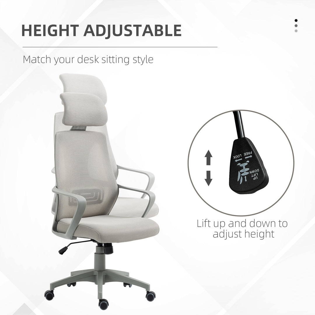 Ergonomic Office Chair, High Back Computer Chair, Mesh Desk Chair with Lumbar Support, Headrest, Wheel, Adjustable Height, Grey