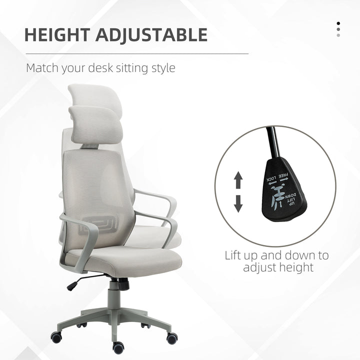 Ergonomic Office Chair, High Back Computer Chair, Mesh Desk Chair with Lumbar Support, Headrest, Wheel, Adjustable Height, Grey