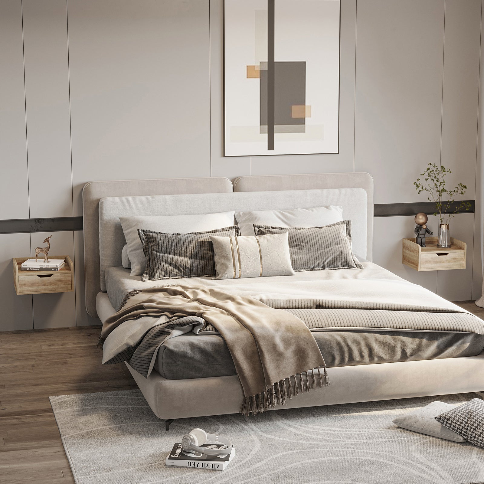 Floating Nightstand Set of 2 Wall Mounted Bedside Table with Storage Drawer for Bedroom, Natural