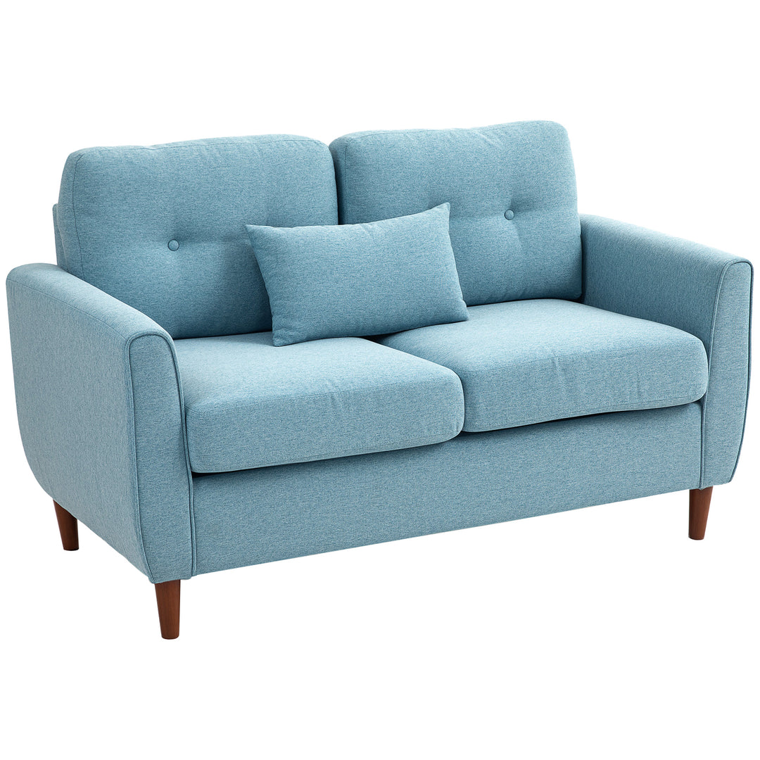 2 Seater Sofa with Spring Cushion, Fabric Sofa with Wooden Legs, Modern Love Seat for Living Room, 140cm Width Tufted Couch for Bedroom, Light Blue