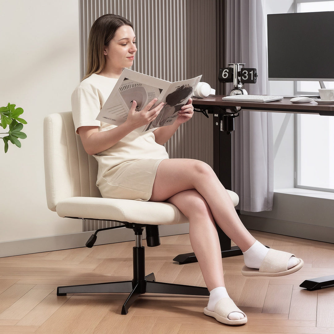 Armless Office Chair No Wheels, Linen Fabric Criss Cross Legged Desk Chair with Wide Seat, Thick Padding, Tilt Function, Height Adjustable Swivel Computer Seat for Home
