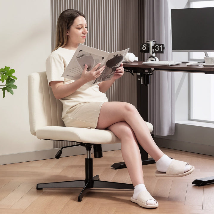 Armless Office Chair No Wheels, Linen Fabric Criss Cross Legged Desk Chair with Wide Seat, Thick Padding, Tilt Function, Height Adjustable Swivel Computer Seat for Home