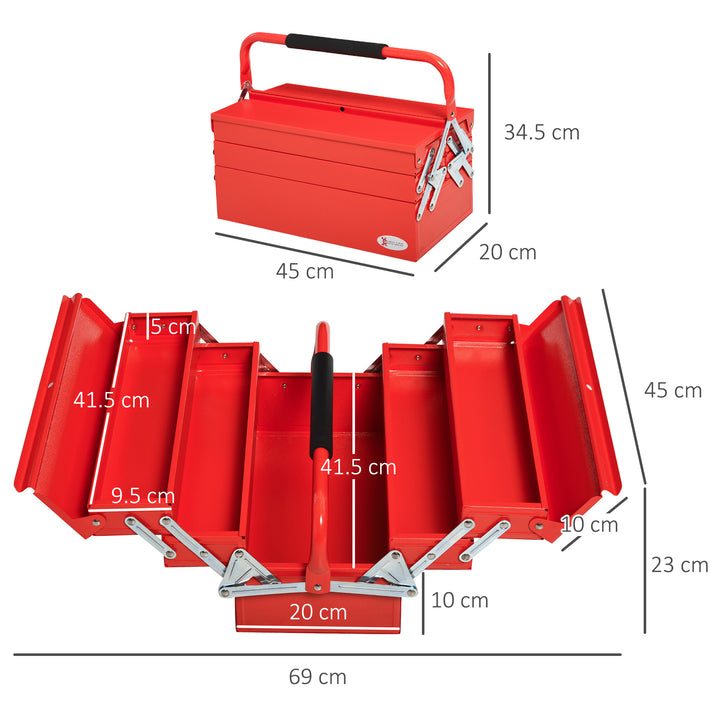 MCL Metal Tool Box 3 Tier 5 Tray Professional Portable Storage Cabinet Workshop Cantilever Toolbox with Carry Handle, 45cmx20cmx34.5cm, Red