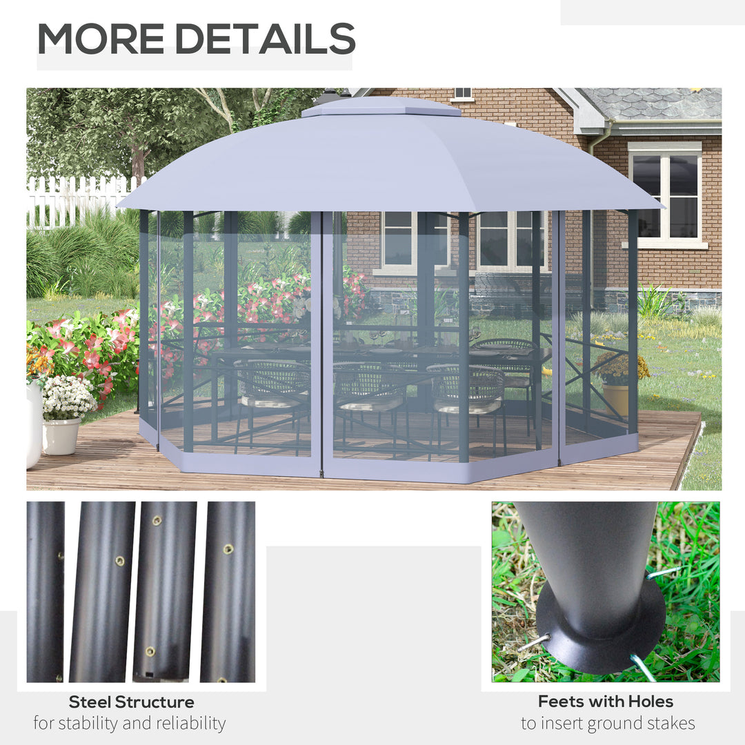 Outsunny 4 x 4.7(m) Patio Metal Gazebo Canopy, Hexagon Shape Garden Tent Sun Shade, Outdoor Shelter with 2 Tier Roof, Netting, Steel Frame, Grey