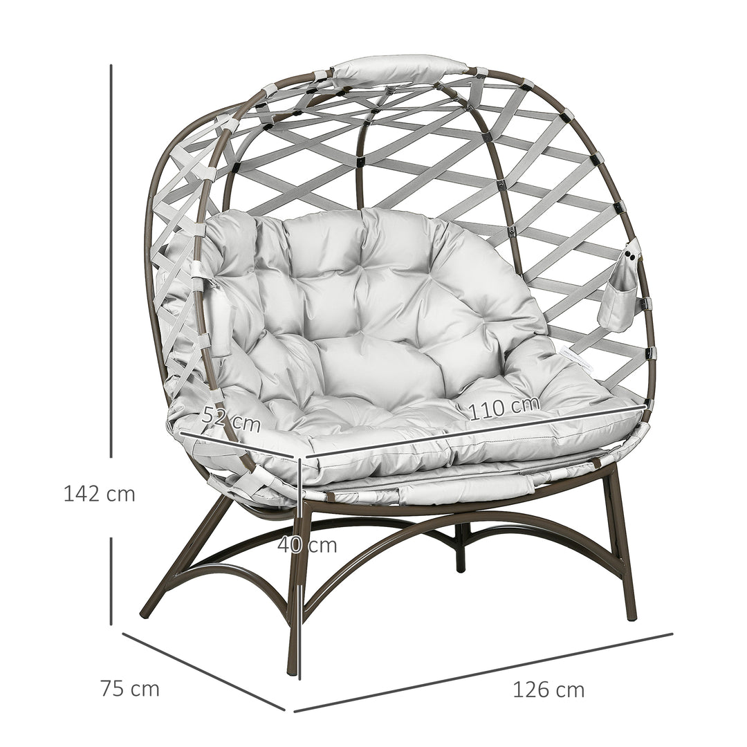 2 Seater Egg Chair Outdoor, Folding Weave Garden Furniture Chair with Cushion, Cup Pockets - Light Grey