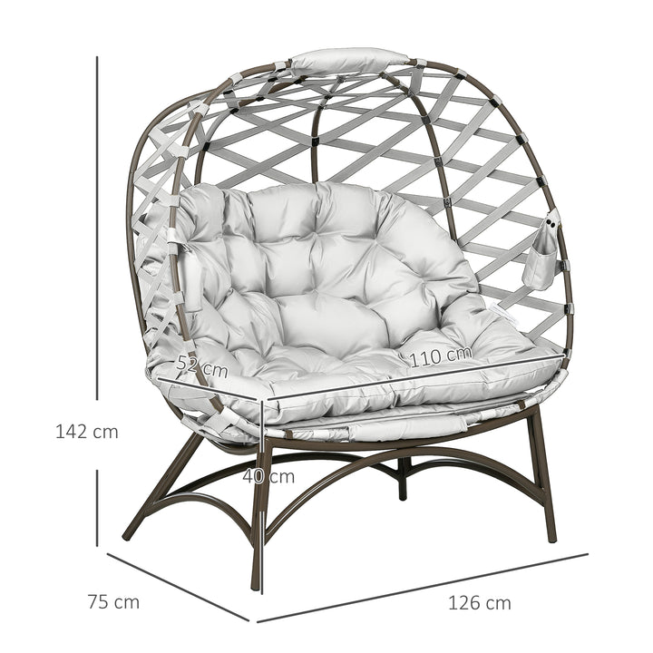 2 Seater Egg Chair Outdoor, Folding Weave Garden Furniture Chair with Cushion, Cup Pockets - Light Grey