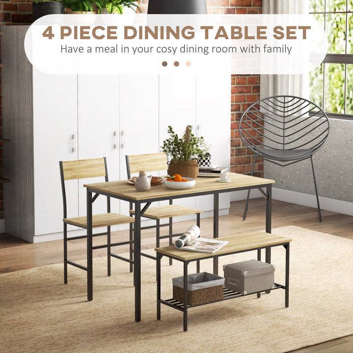 Square Dining Set for 4 Persons, Table, Chairs and Bench Included, Natural Wood Effect