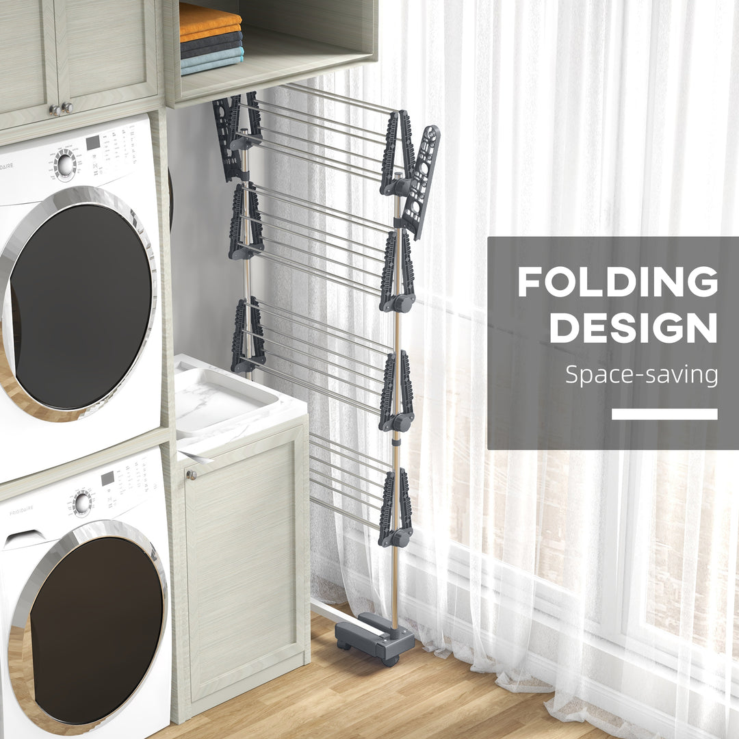 Four-Shelf Collapsing Clothes Horse, With Side Arms and Wheels - Grey