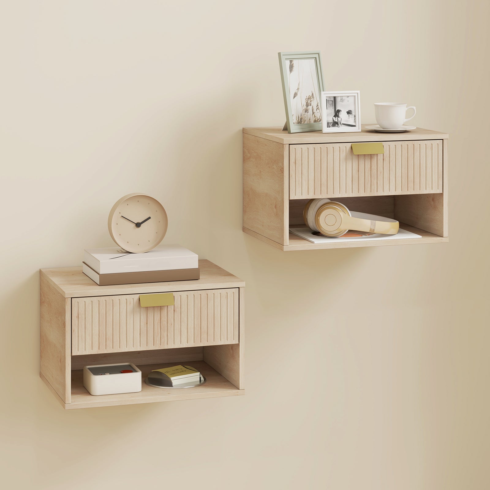 Set of 2 Wall Mounted Nightstands, Floating Bedside Tables with Fluted