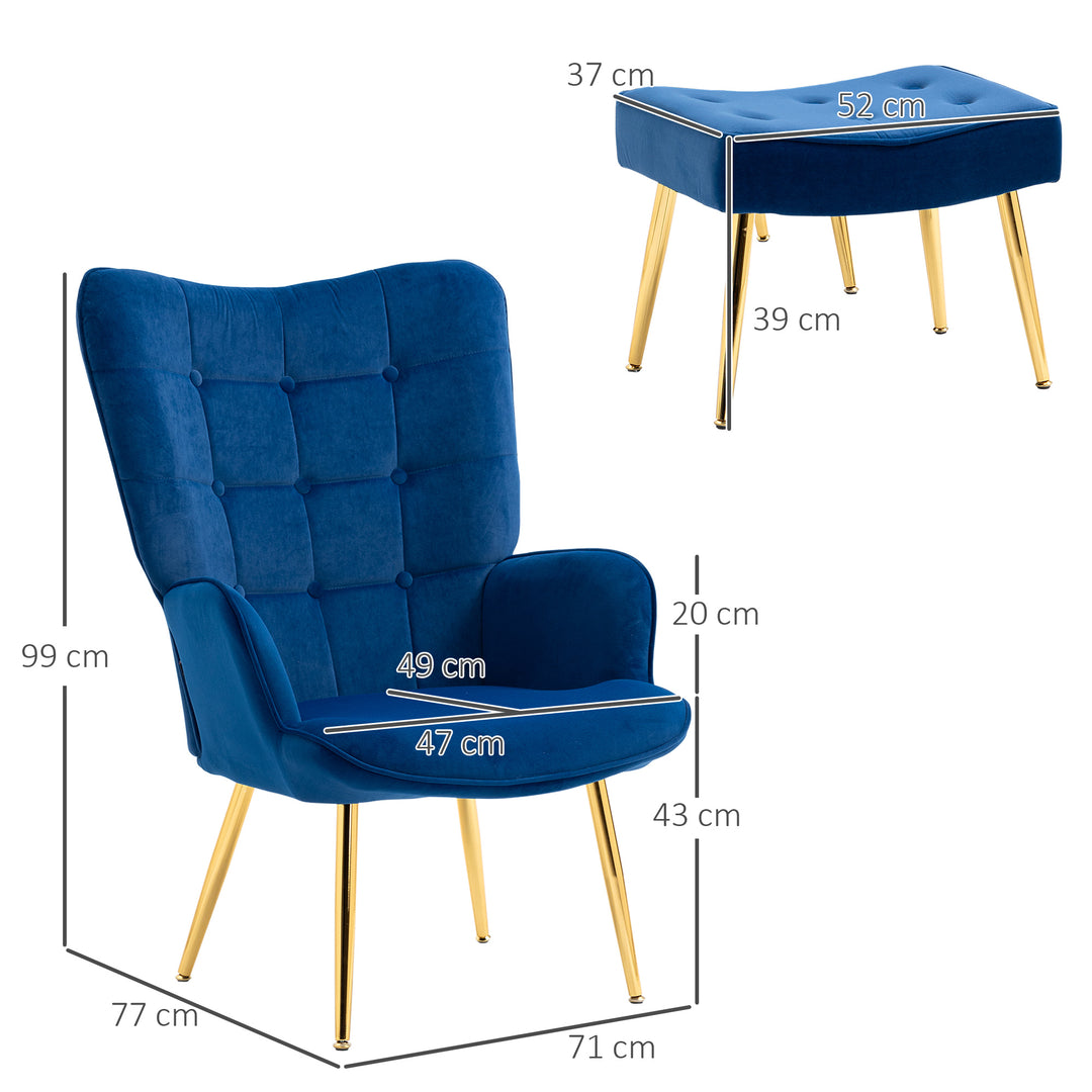 HOMCOM Upholstered Armchair w/ Footstool Set, Modern Button Tufted Accent Chair w/ Gold Tone Steel Legs, Wingback Chair, Dark Blue | Aosom UK