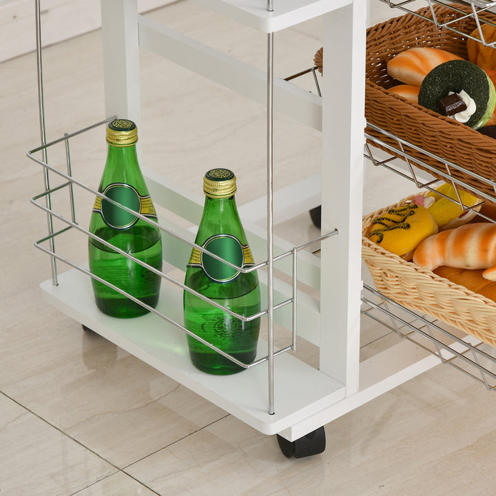 Rolling Kitchen Cart, Utility Storage Cart with 4 Basket Drawers & Side Racks, Wheels for Dining Room, White