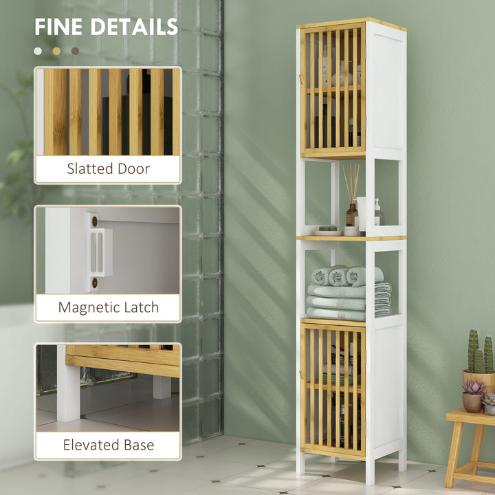 Bamboo-Blend Retro Cut-Out Tall Bathroom Storage Unit