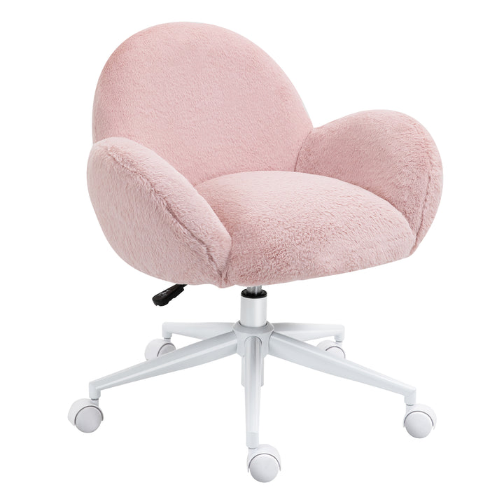 HOMCOM Fluffy Leisure Home Office Chair with Backrest and Armrest, Makeup Chair with Wheels for Bedroom Living Room, Pink | Aosom UK