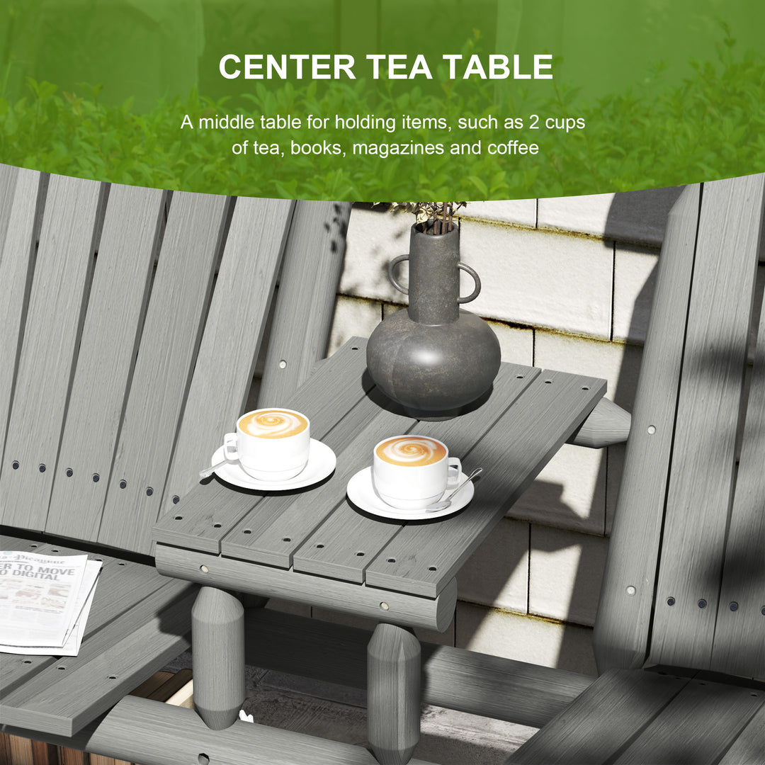 Wood Patio Chair Bench 2 Seats w/ Centre Coffee Table, Garden Bench, Grey