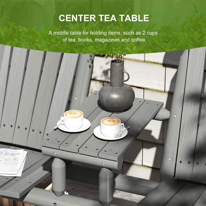 Wood Patio Chair Bench 2 Seats w/ Centre Coffee Table, Garden Bench, Grey