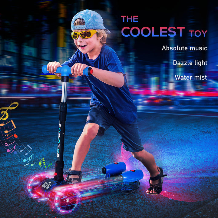 Kids Scooter, 3 Wheel Foldable Kick Scooter Adjustable Height w/ Flashing Wheels, Music, Water Spray for 3-6 Years, Blue
