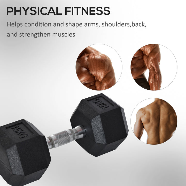 HOMCOM 15KG Single Rubber Hex Dumbbell Portable Hand Weights Dumbbell Home Gym Workout Fitness Hand Dumbbell | Aosom UK