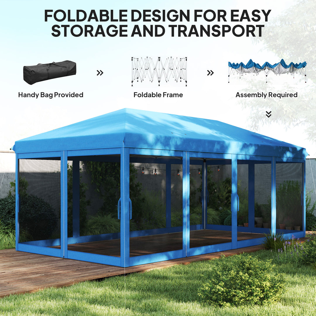 3 x 6m Pop Up Gazebo, Outdoor Canopy Shelter, Marquee Party Wedding Tent with 6 Mesh Walls and Carry Bag, Blue