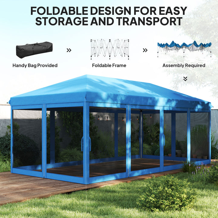 3 x 6m Pop Up Gazebo, Outdoor Canopy Shelter, Marquee Party Wedding Tent with 6 Mesh Walls and Carry Bag, Blue
