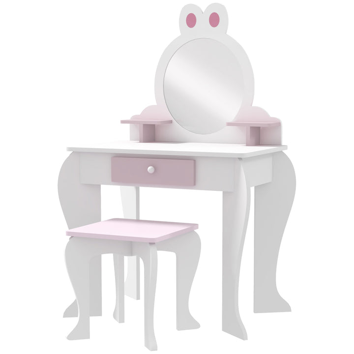 ZONEKIZ Bunny-Design Kids Dressing Table, with Mirror and Stool, Fun and Functional, White and Pink | Aosom UK